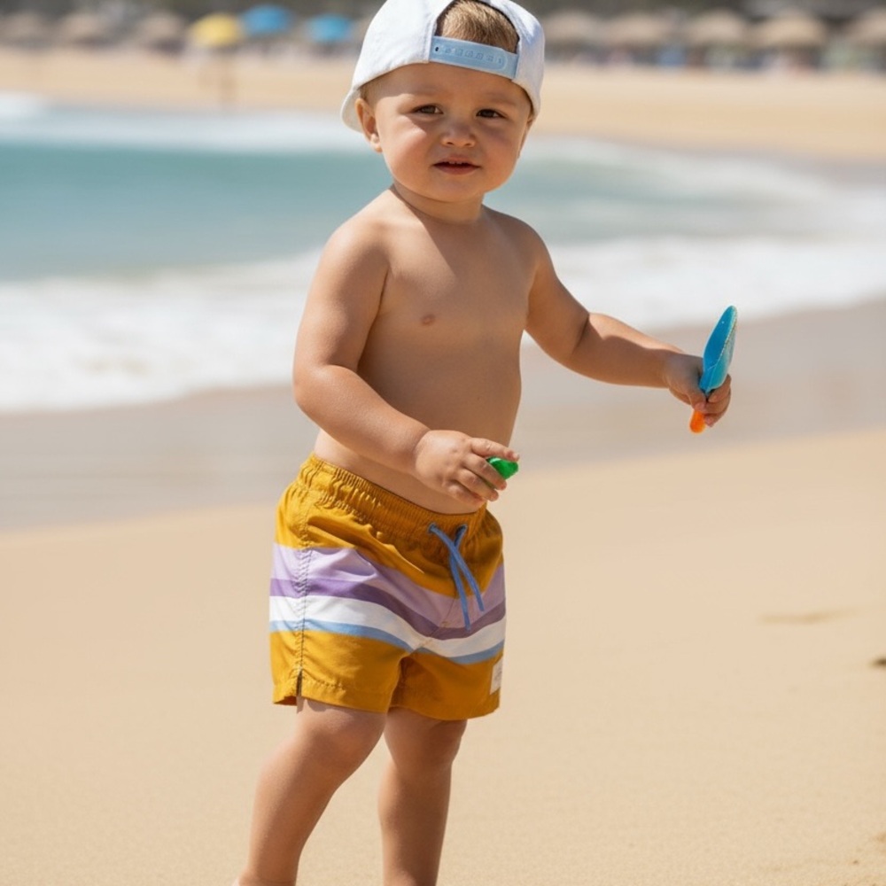 Kids Yellow Swim Trunks with Multicolor Stripes